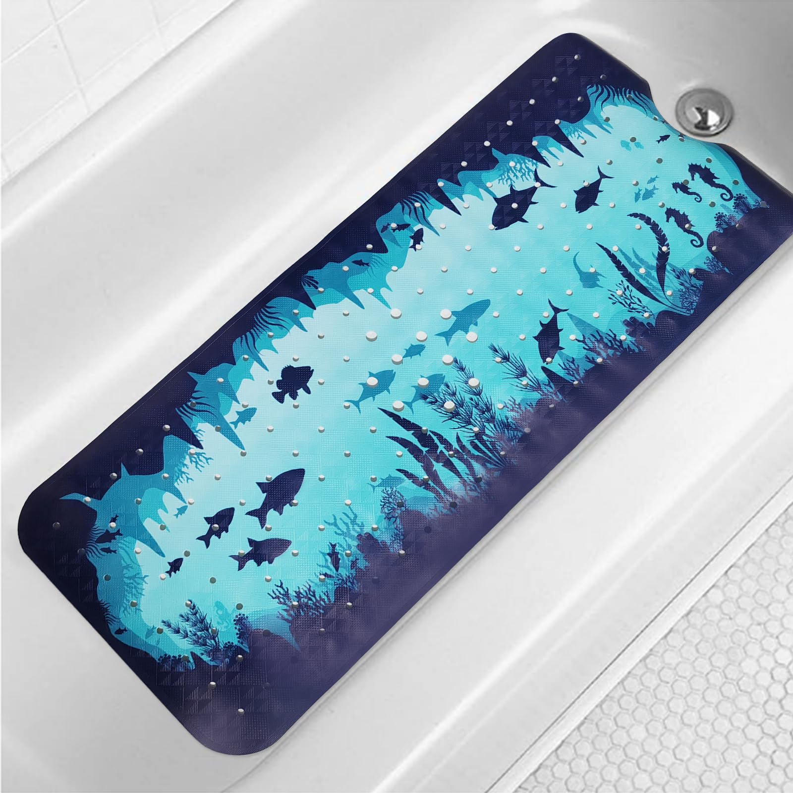Blue Bathtub Mat Non Slip 40x16in Extra Long Bath Mat for Tub Funny Cute Ocean Animals Anti Slip Shower Mat for Bathroom with Large Drain Holes and Suction Cups Bath Mats and Bathtub Decor