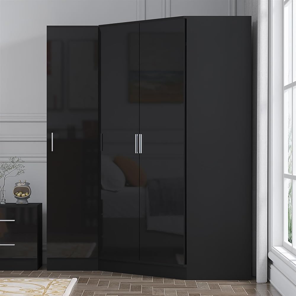 Reflect 2 Piece Wardrobe Set | 2 Door Corner + 1 Door Plain | Black Gloss