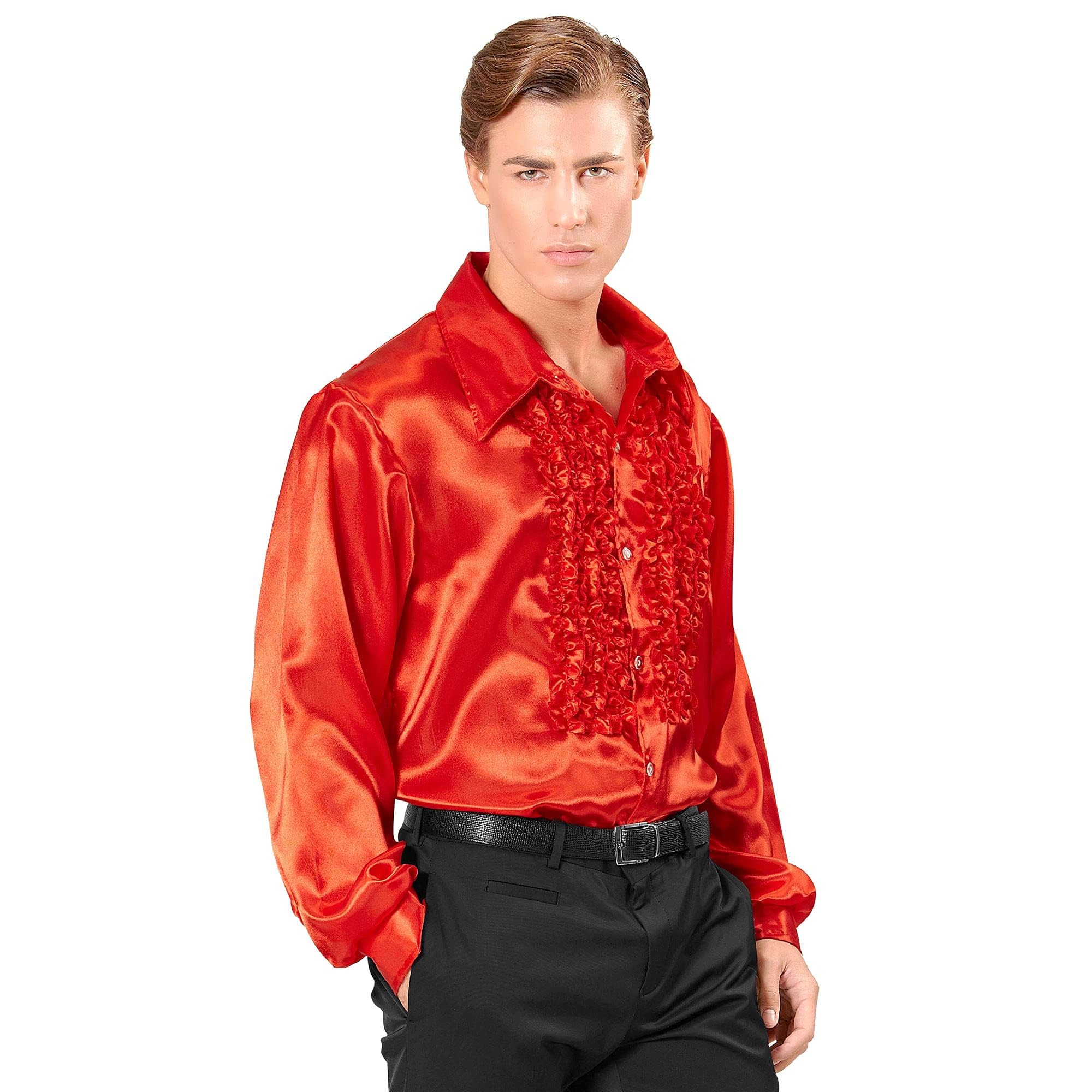 WIDMANN 01173-70s Disco Style Shirt, Adult Man, Made of Satin, With Ruffles, Carnival, Disco, Size M/L, Red Color