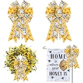 Estivaux 2 Pieces Bumble Bee Bows for Wreath, Happy Bee Wreath Bows Yellow Burlap Bows Spring Holiday Bows Honey Gnomes Craft Bows for Front Door Spring Birthday Party Farmhouse Decorations