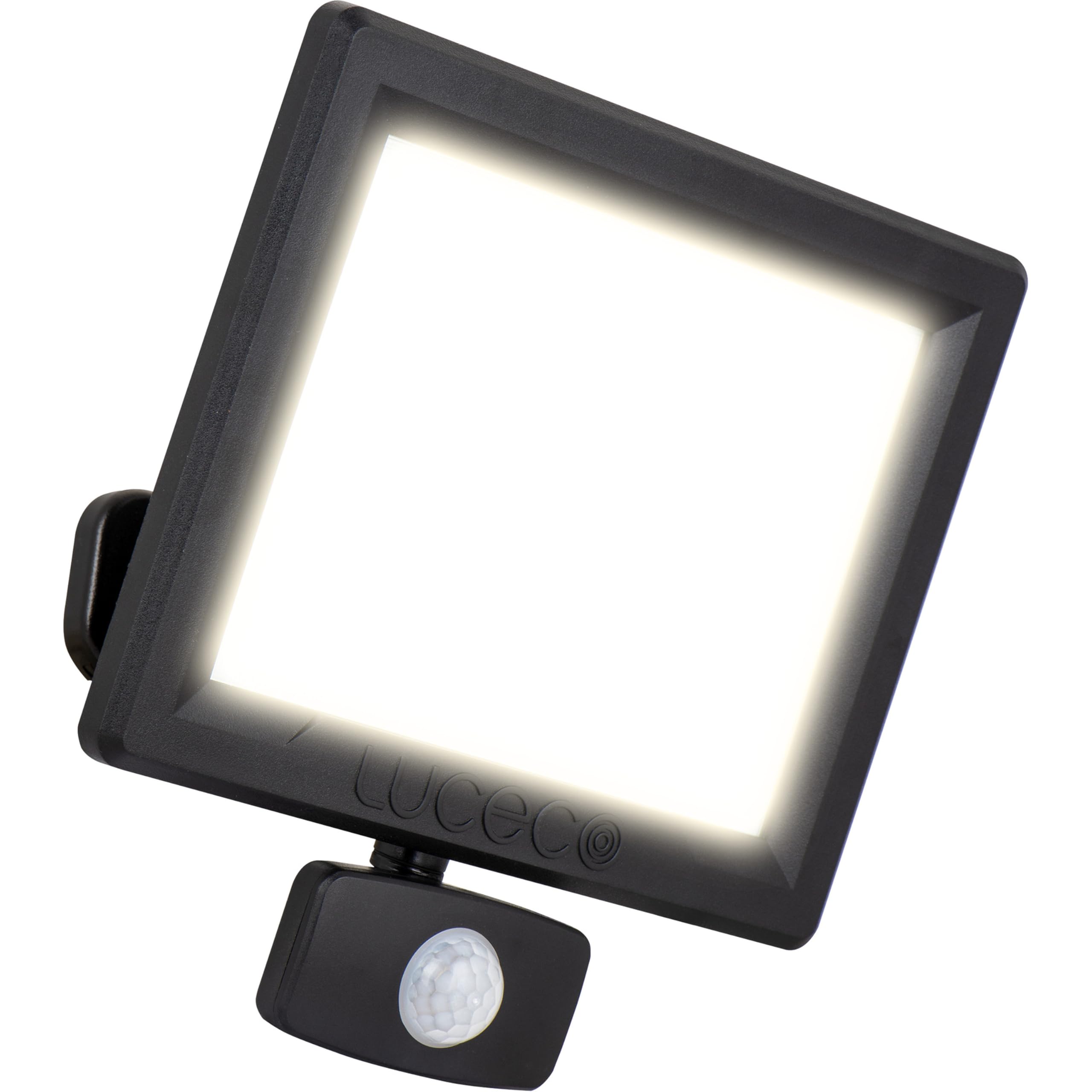 Luceco Outdoor Security LED Floodlight with PIR Motion Sensor for Driveways, Walkways and Gardens, Fit & Tilt Multi-Positioning, Exterior Lighting, Essence, Black, IP65, 50W, 5250lm, 4000K, EFLD50B40P