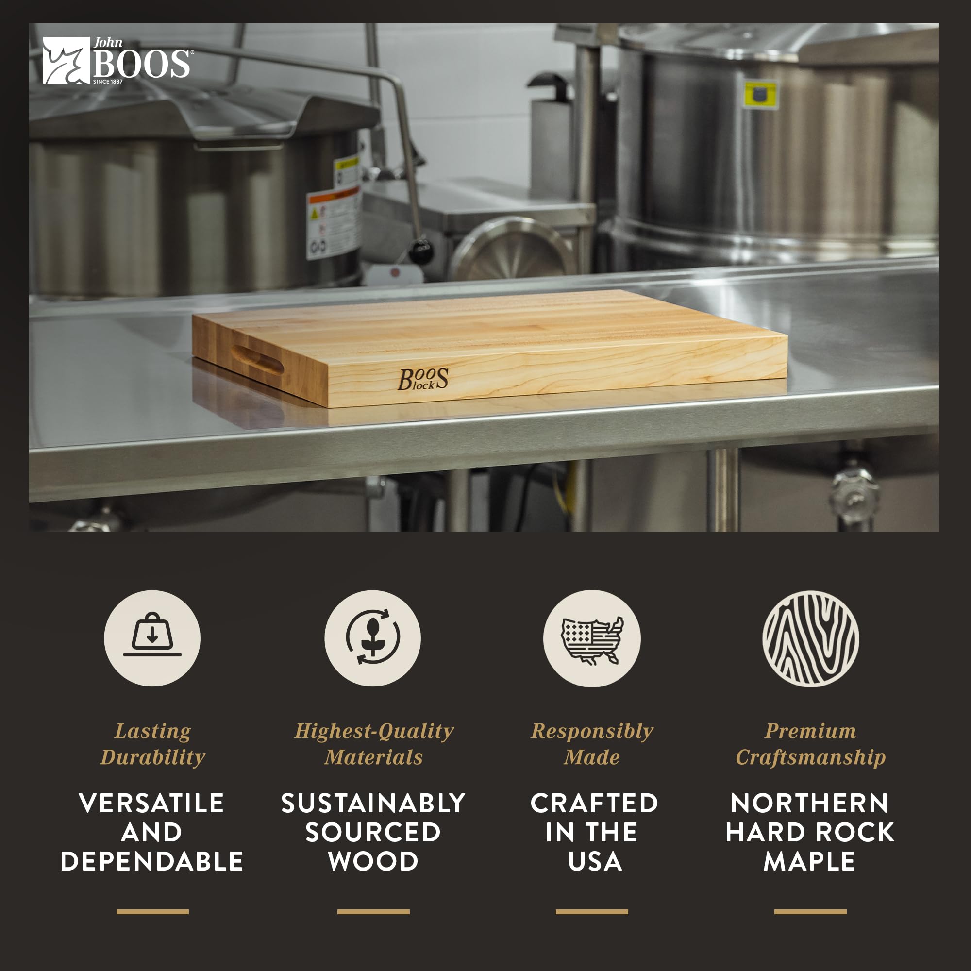 John Boos Platinum Commercial Series Rectangular Wooden Maple Cutting Board 24”x18” – 1.75” Thick, 21-lb Reversible Butcher Block with 1/4” Radius Edges, Edge-Grain & Finger Grips – Made in the USA