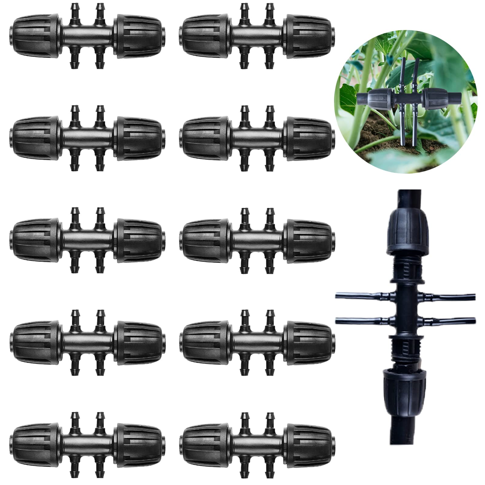 10Pcs Barbed Tee Irrigation Fittings, HOINCO 1/3 Inch to 1/4 Inch Irrigation Tube Anti-Drop Quality Fitting, 8mm ID 12mm OD Pipe Turn 4mm ID 7mm OD Hose, 6-Way Adapter for Lawn, Farm, Garden(Black)