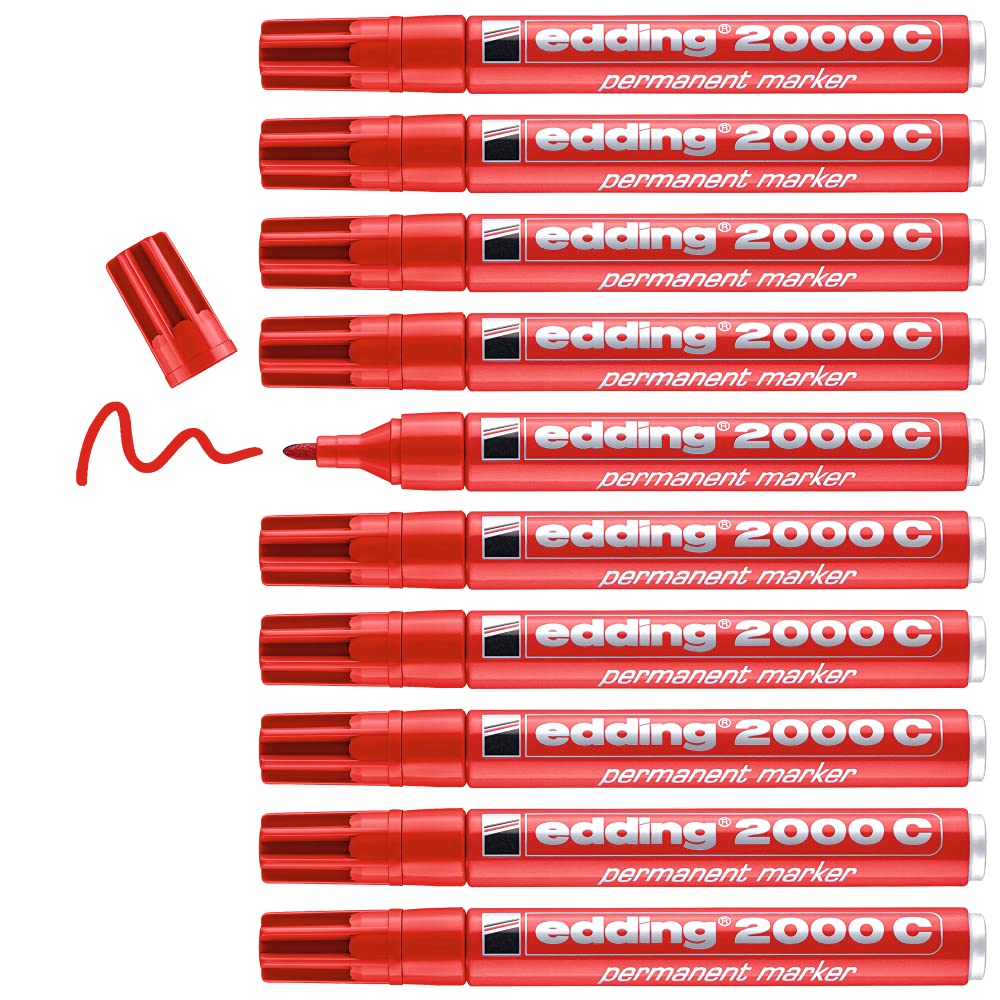 edding 2000 C permanent marker - red - box of 10 - round nib 1.5-3 mm - quick-drying permanent markers - waterproof, smudge-proof - for cardboard, plastic, wood, metal, fabric - marker pen — image 1