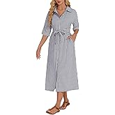 Women's Half Sleeve Plaid Maxi Dress 2026 Spring Summer Gingham Casual Button Down Long Loose Belted Dress