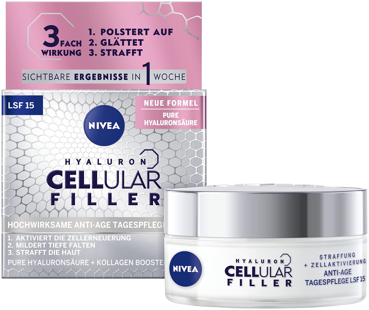 NIVEA Hyaluron Cellular Filler Anti-Age Day Cream SPF 15 (50 ml), Firming Face Care with Magnolia Extract, Effective Anti-Wrinkle Moisturiser
