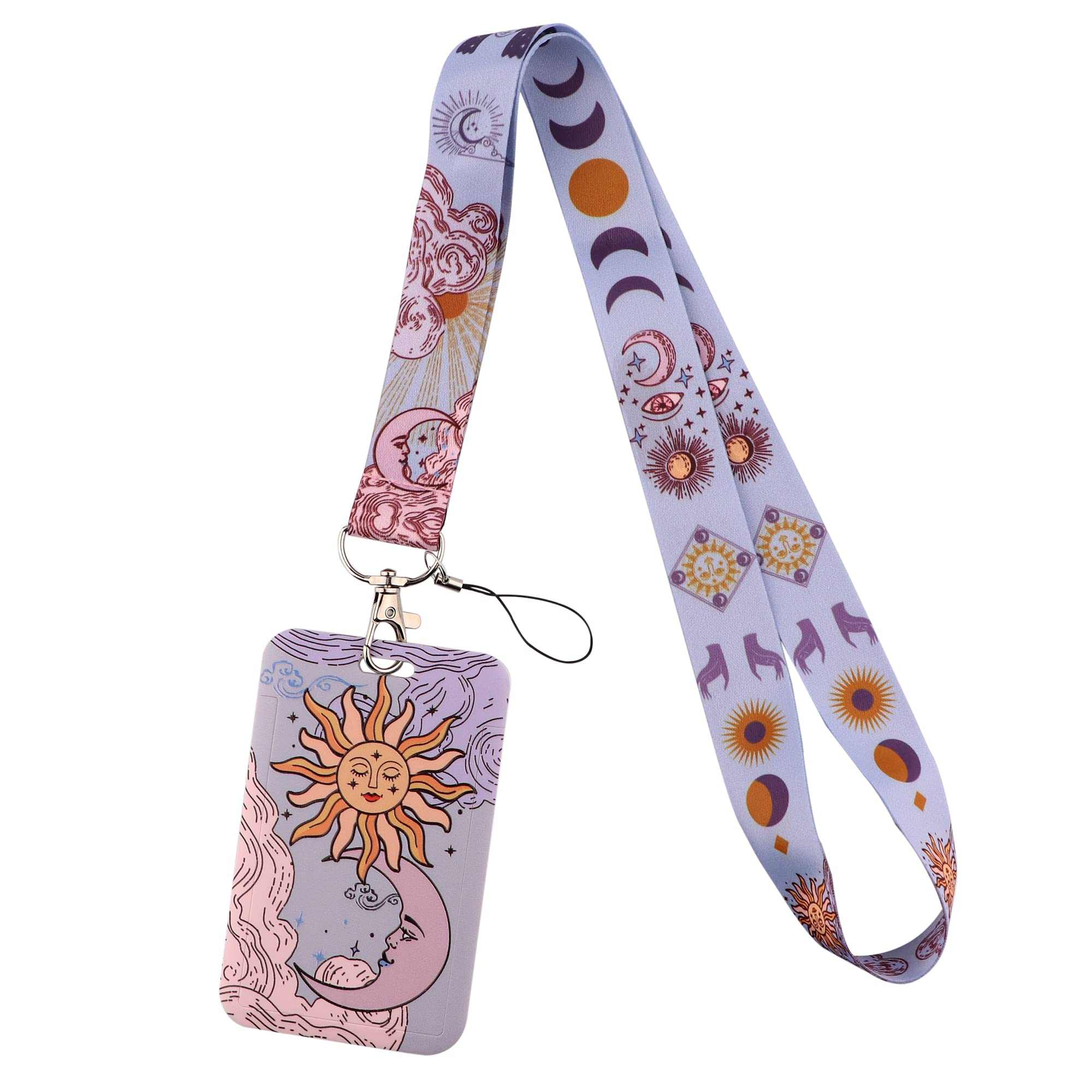 Cute Lanyard with Clip Purple Card Holder for ID Badge for Keys, Kawaii Neck Strap with Sun & Moon Hard Plastic Shell Case — image 1