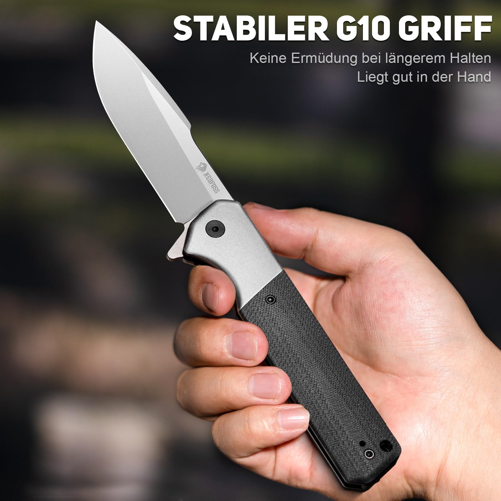 NedFoss BEAST Klappmesser, Klingenlänge 10cm aus D2 Stahl Taschenmesser mit G10 Griff, Einhandmesser mit Liner Lock & Kugellager, Outdoor Messer mit Clip, Survival Messer für Sammlung & Geschenk 3