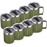 Volhoply 14oz Insulated Stainless Steel Coffee Mug with Lid Bulk 8 Pack,Double Wall Vacuum Travel Coffee Cup with Handle,Reusable Cups Tumbler,Camping Mugs Keep Hot, Ideal Gifts(Army Green,8)