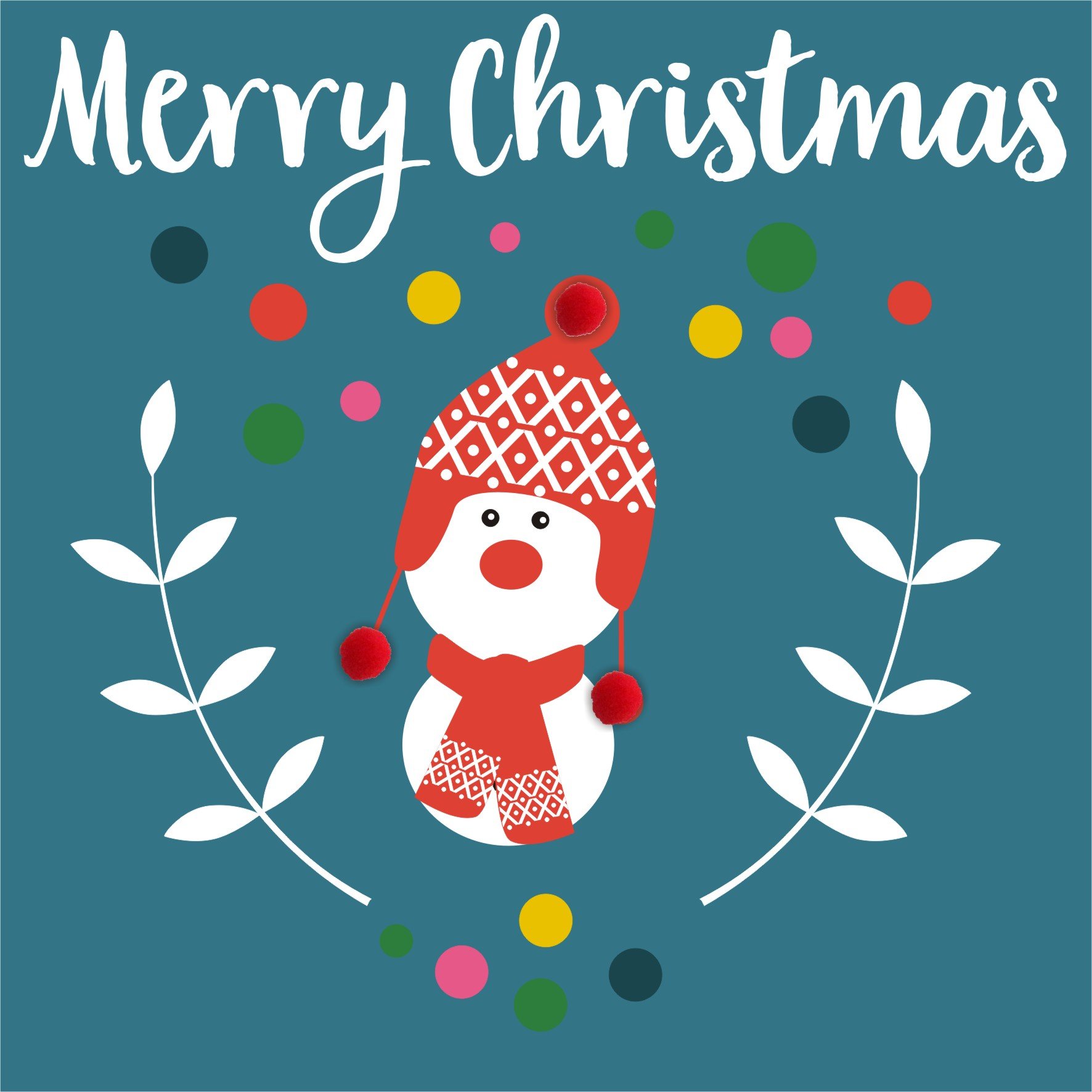 Claire Giles Greeting Cards, Happy Christmas Card, Snowman Design Xmas Greeting Card, Embellished with Colourful Pompoms