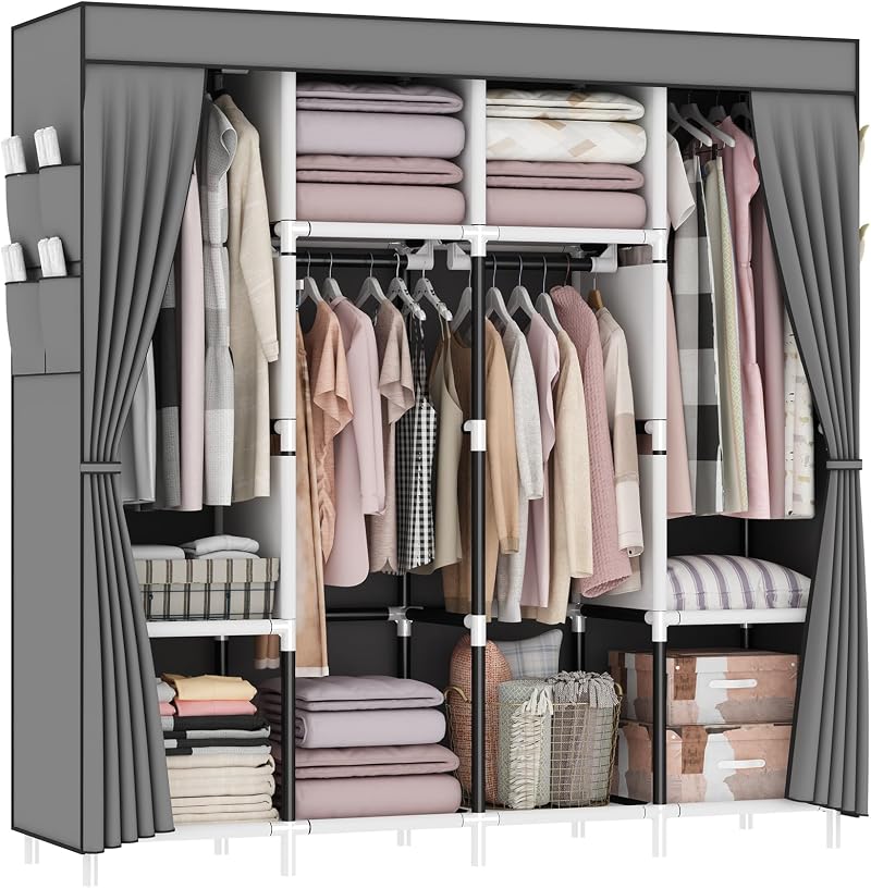 OPPAIYA Canvas Wardrobe with 4 Rails & 8 Pockets - Foldable, Durable