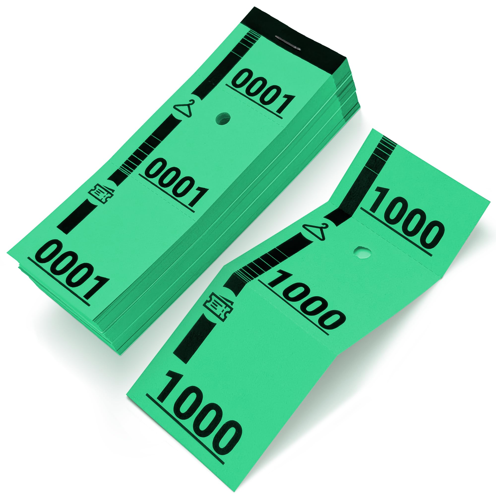 1000 Green Cloakroom Tickets – Numbered 1 to 1000 – 3-Part Tear-Off Stubs – 160gsm Durable Paper – 20 Pads of 50 – Ideal for Events, Raffle, Coat Check – 5x14cm
