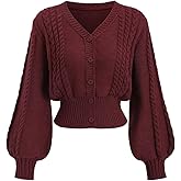 Milumia Women's Cable Knit Button Up Crop Cardigan Lantern Long Sleeve Cinched Waist Sweater Tops