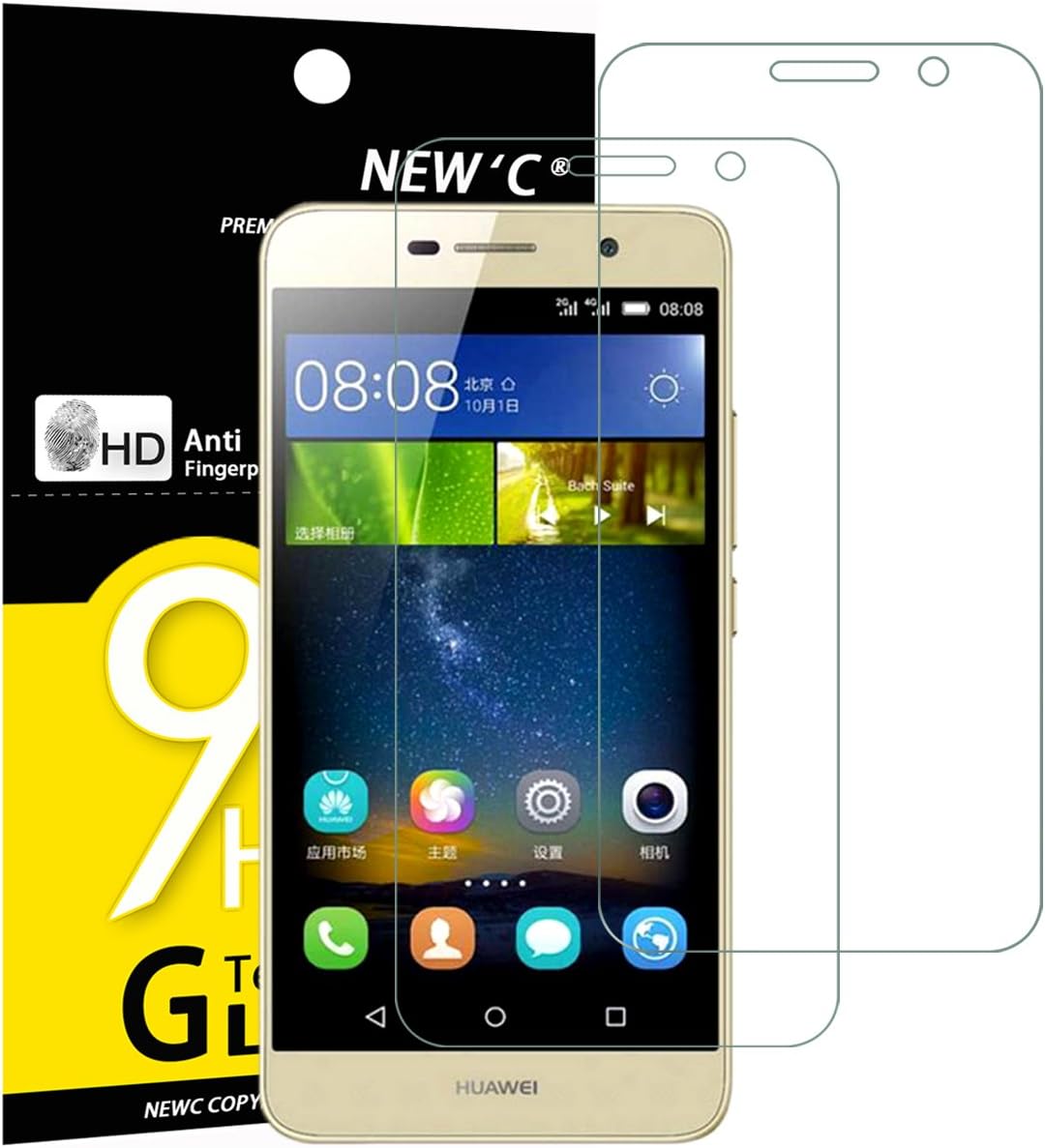 NEW'C Pack of 2, Glass Screen Protector for Huawei Enjoy 5, Anti-Scratch, Anti-Fingerprints, Bubble-Free, 9H Hardness