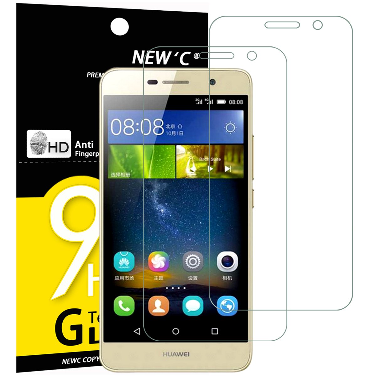 NEW'C Pack of 2, Glass Screen Protector for Huawei Enjoy 5, Anti-Scratch, Anti-Fingerprints, Bubble-Free, 9H Hardness, 0.33mm Ultra Transparent, Ultra Resistant Tempered Glass