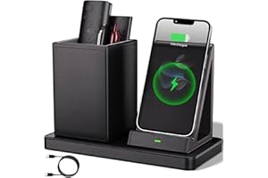 LADSTAG Multi-Functional Pen Holder for Desk,Black Vegan Leather Desk Organizers with Remote Control Holder,Pencil Holder for Desk,Desk Organizer with Phone Wireless Charger for Office/Nightstand/Endtable