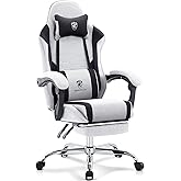 Morkprism Gaming Chair Breathable Fabric,Computer Office Chair with Footrest,Massage Lumbar Support and Gel Pad,Ergonomic Reclining Adjustable Gamer Chair with Headrest and Spring Cushion Grey Black