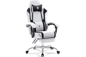 Morkprism Gaming Chair Breathable Fabric,Computer Office Chair with Footrest,Massage Lumbar Support and Gel Pad,Ergonomic Reclining Adjustable Gamer Chair with Headrest and Spring Cushion Grey Black