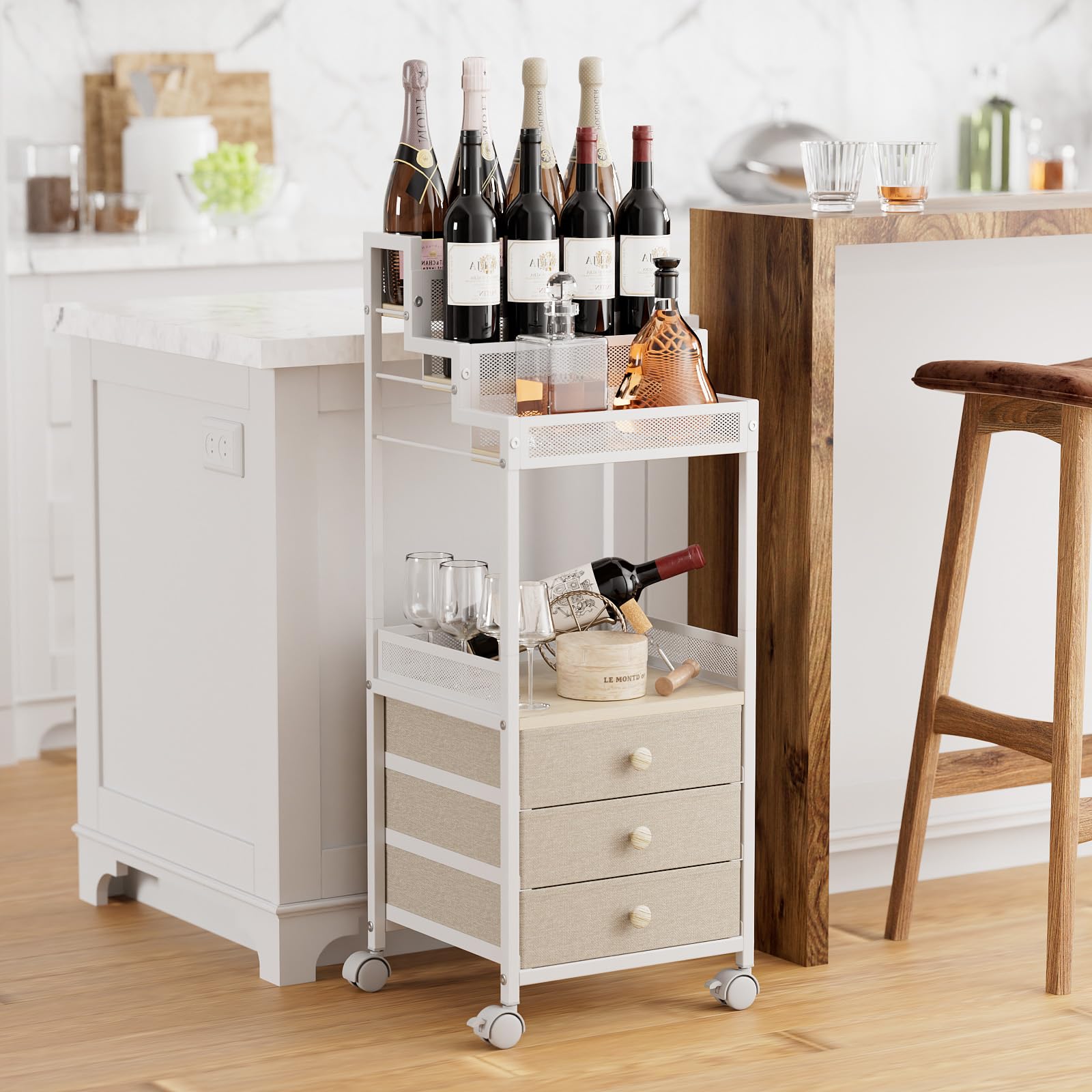 FURFUN Makeup Cart Organizer with Drawers, Floor Rolling Skincare Vanity Storage Mobile Cosmetic Display Case Stand for Makeup Brushes, Nail Polish, Perfume Organizer for Women Matte White