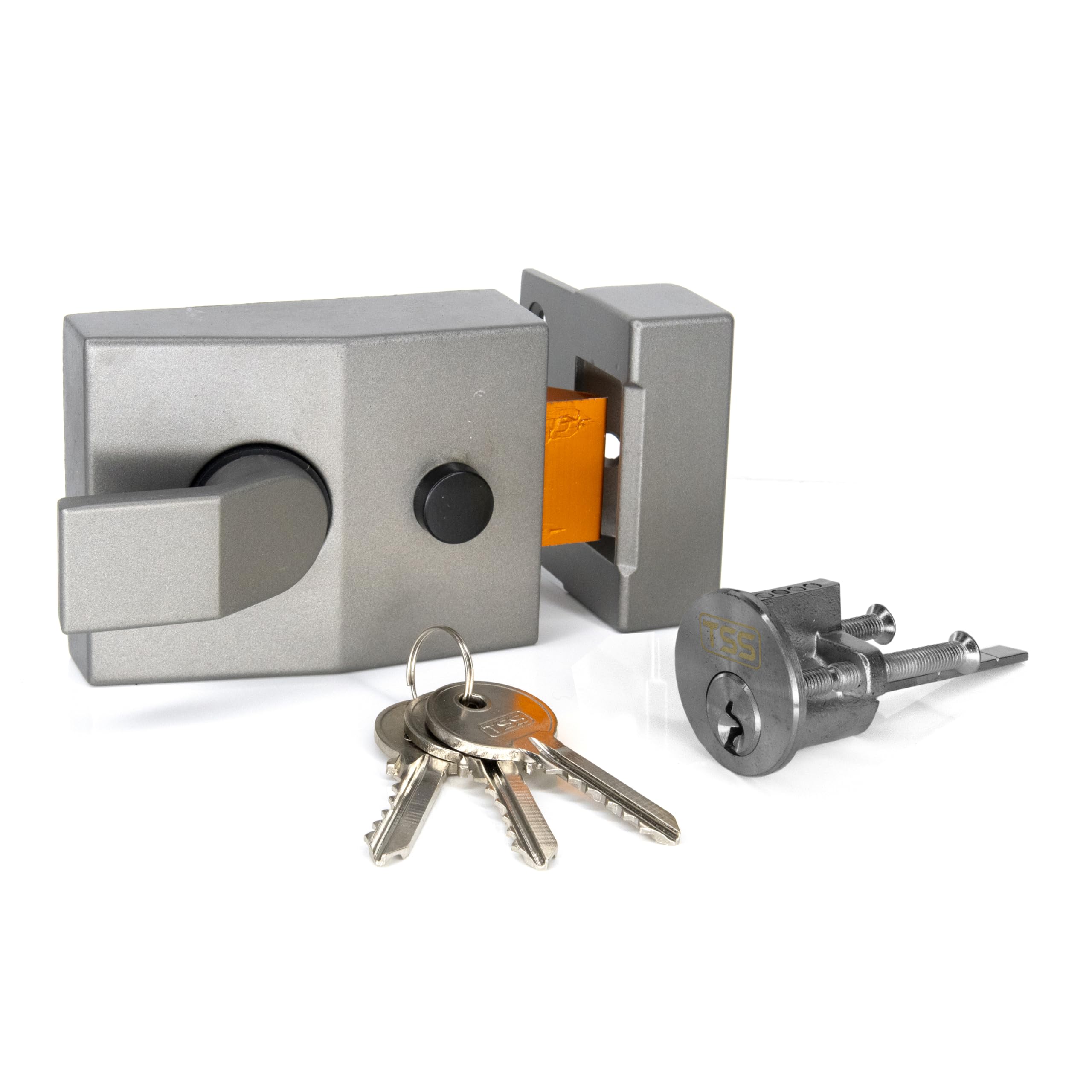 TSS Standard Non-Deadlocking Nightlatch, 60mm Backset, Complete with Rim Cylinder Lock Supplied with 3 Keys. External Door Lock for Front Door and Back Door (Grey Lock/Silver Cylinder)