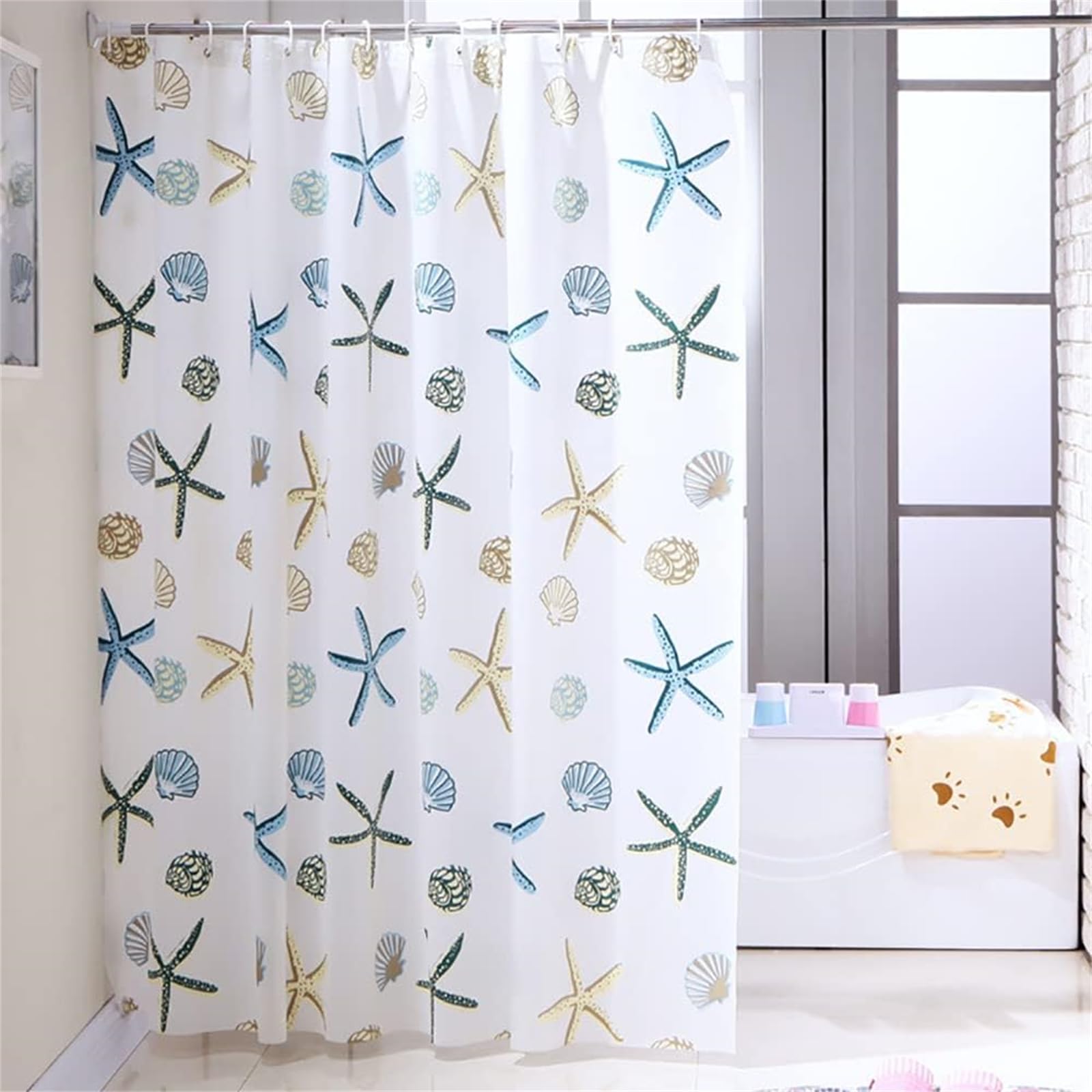 Lkw Ogechi 200/220/240 CM Drop Anti-Mould Shower Curtain, Waterproof Shower Curtain Starfish Shells, Extra Wide PEVA Semitransparent Wet Room Bathroom Curtain, Washable, Quick Dry (200x240cm)