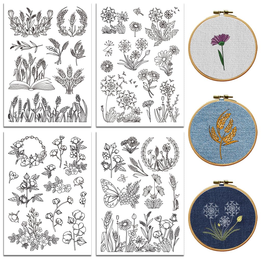 peacoblue Water Soluble Embroidery Patterns for Beginners 4 Sheets Blossoming of Plants with 33pcs Patterns, Wash Away Stick and Stitch Dissolvable Embroidery Paper for Hand Sewing Lovers Women Adult