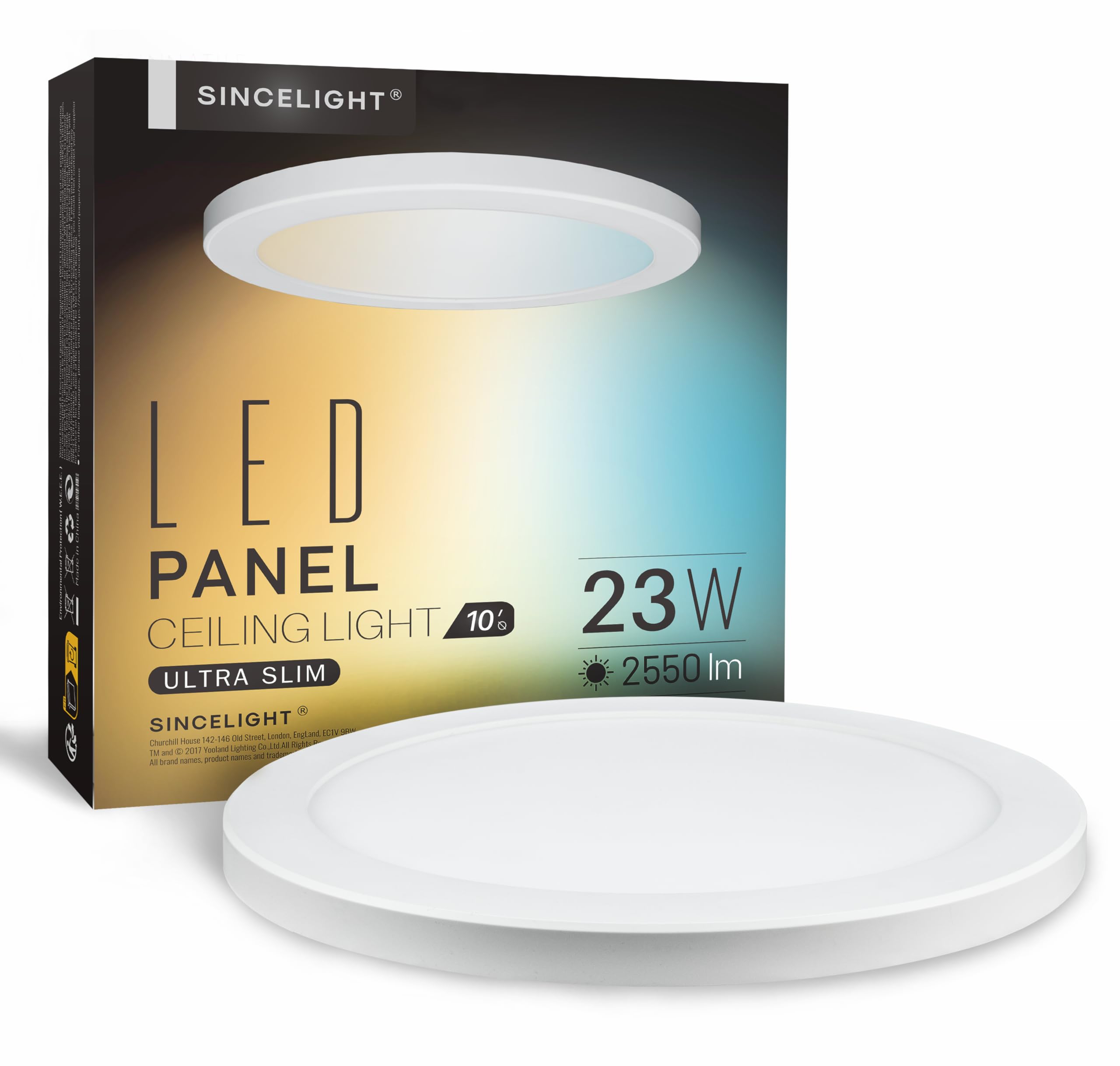 SINCELIGHT Ultra-Thin LED Ceiling Lights 23W, Φ300mm, Compact Profile, Recessed or Surface Mount, Edge-Lit, 2550lm, Tunable from Warm White to Cool White, 2700K-4000K-6000K, Pack of 1