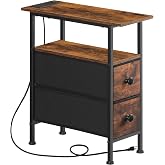 HOOBRO End Table with Charging Station, Narrow Side Table with 2 Fabric Drawers, Skinny Nightstand with Storage, Slim Bedside Table for Living Room, Small Spaces, Rustic Brown and Black BF487UBZ01