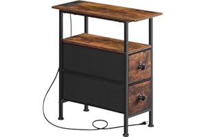 HOOBRO End Table with Charging Station, Narrow Side Table with 2 Fabric Drawers, Skinny Nightstand with Storage, Slim Bedside