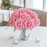 JINWOE 10pcs Real Touch Roses Stems Artificial Flowers, Pink Lifelike Full Bridal Bouquet for Flower Arrangement Spring Home Party Wedding Decoration