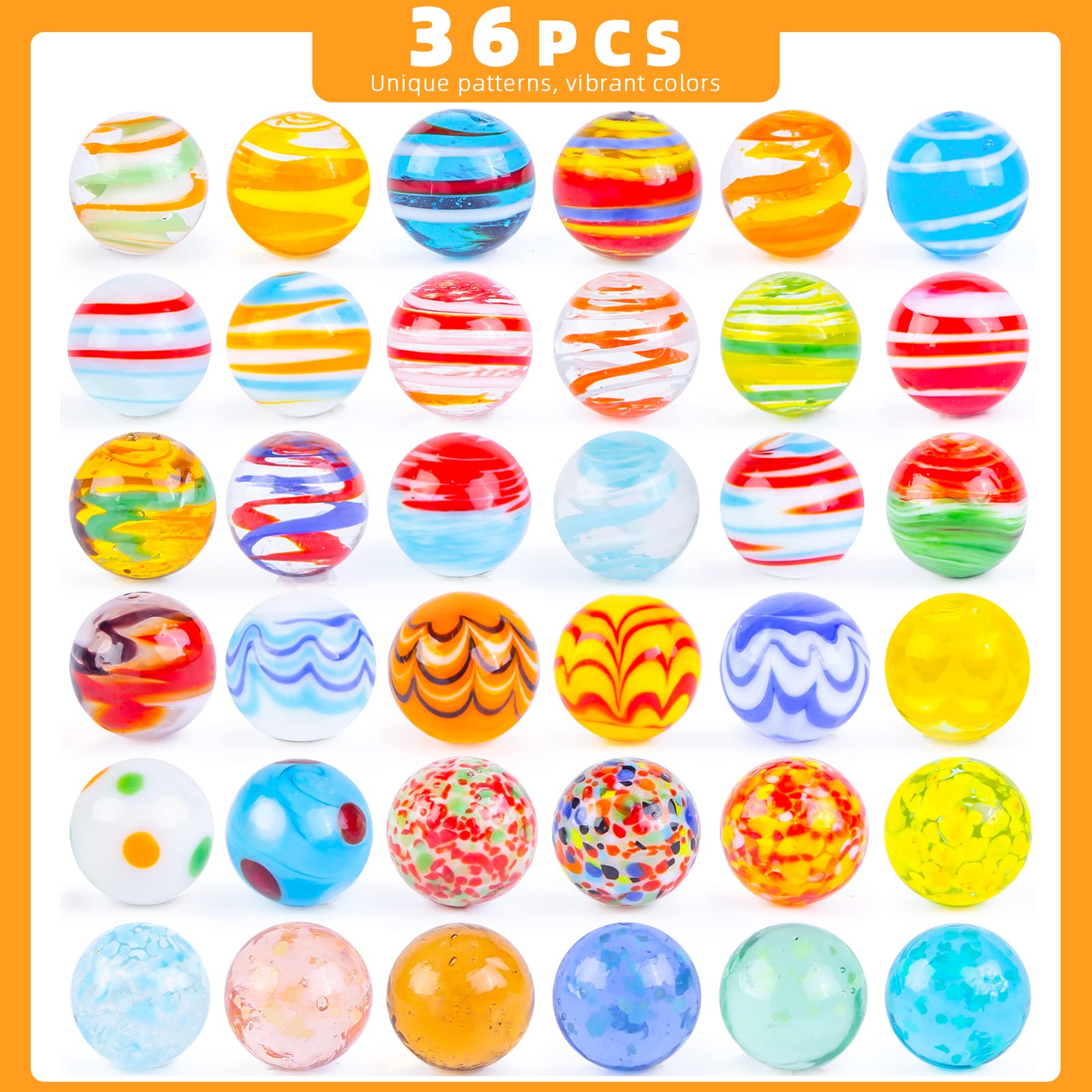 MCPINKY 36PCS Glass Marbles for Kids, Including 5 Glow in The Dark Marbles for Running Game, Gifts