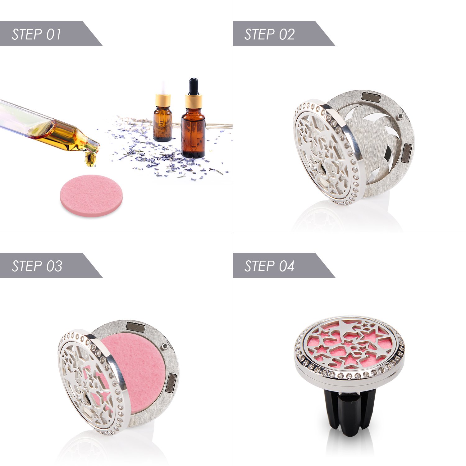 bedee Purificateur d\'air de Voiture, Diffuseur d\'huile de Voiture Aromatherapie Desodorisant Clip, 10pcs Plaquettes de Recharge lavables (Étoiles)