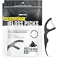 Double Floss Picks Biodegradable (100pcs) - Plant Based Natural Dental Floss Sticks- Flossers for Adults & Kids - Nontoxic Vegan Tooth Pick Flossers - Charcoal