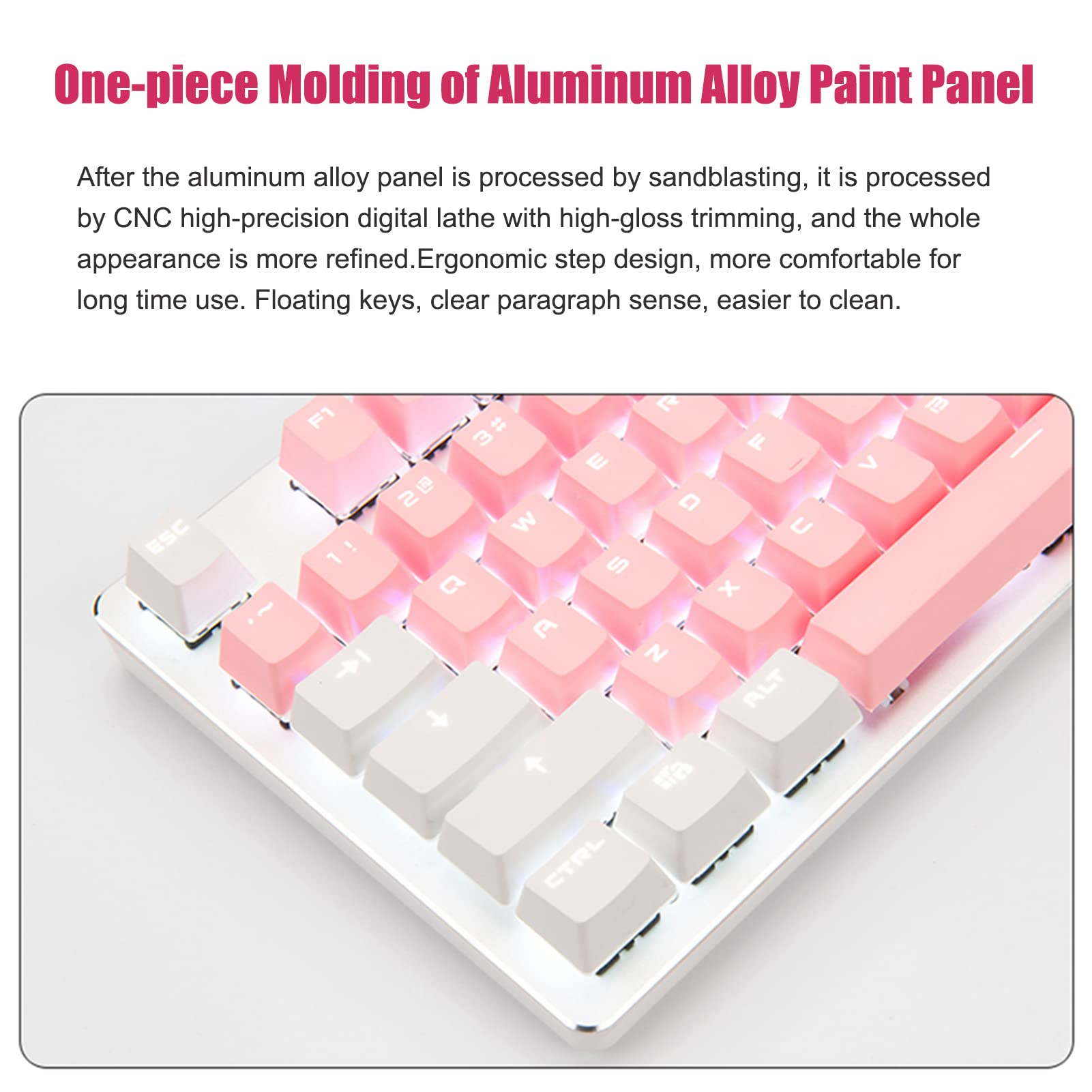 Lomiluskr Wired Mechanical Gaming Keyboard, 104 Keys and 6 Media Keys Anti-Ghosting, 2 Colors PBT Keycap, Hot-swappable Switch, Elegant White Backlight, Aluminum Panel (Pink&White, Blue Switch)