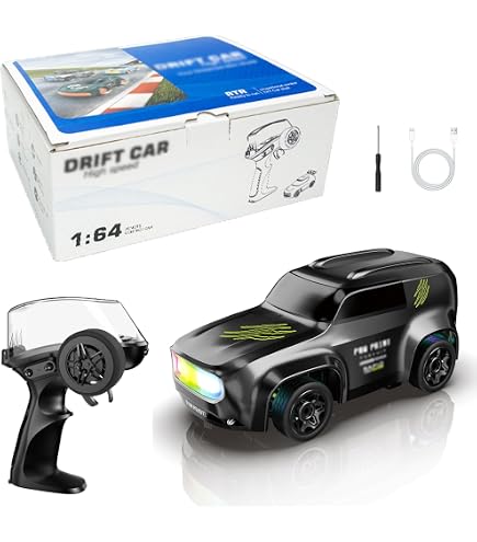 Mini voiture de dérive télécommandée 2,4 G 4 CH 1:64, voiture de bureau 4WD RC Drift avec éclairage LED duplex, accélérateur proportionnel et