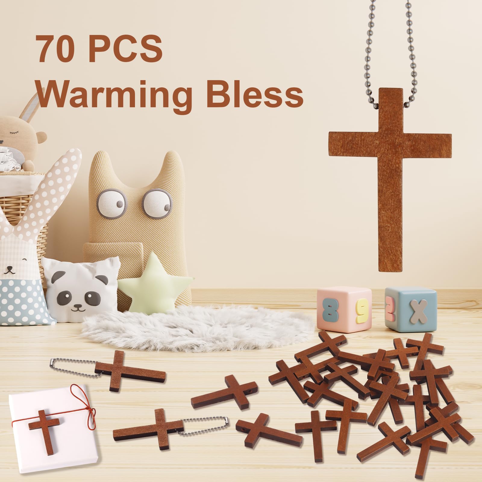 Gtudkae 1 Box Wooden Pocket Cross Contains 70 Cross Charms and 70 Chains, Pure Natural Wooden Crosses Pendants for Church Praying,Easter, Christian Gifts, Crafts for DIY Jewelry, Keychains