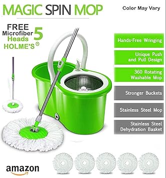 HOLMES Mop Bucket Magic Spin Mop Bucket Double Drive Hand Pressure with 5 Micro Fiber Mop Head Household Floor Cleaning & 4 Color May Vary (with Soap Dispenser)