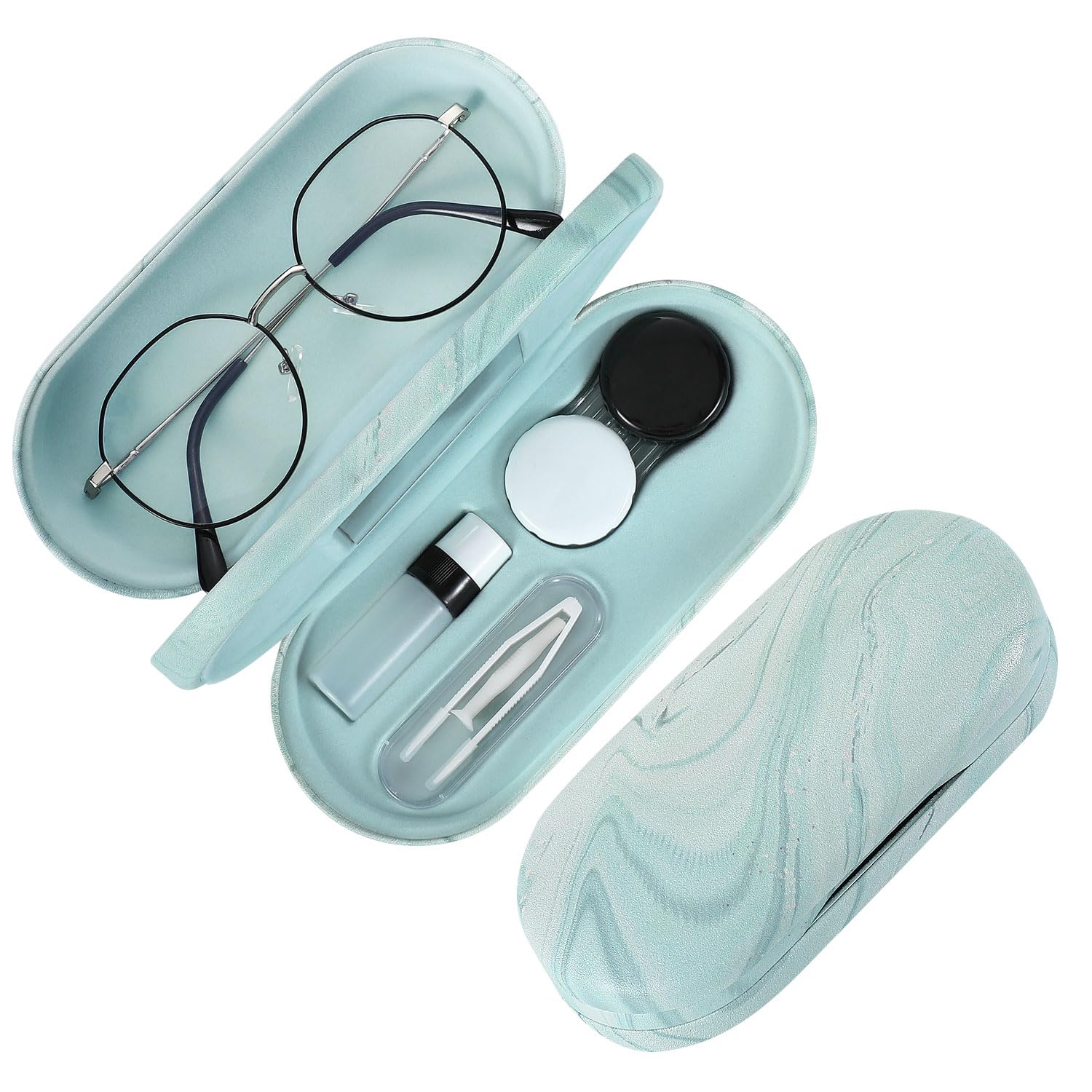 MoKo Double Eyeglass Case, 2 in 1 Double Sided Portable Glasses Case Contact Lens Case with Mirror Eye Glasses Carrying Bag Anti-Scratch Sunglasses Pouch Protective Eyewear, Blue Water Color — image 1