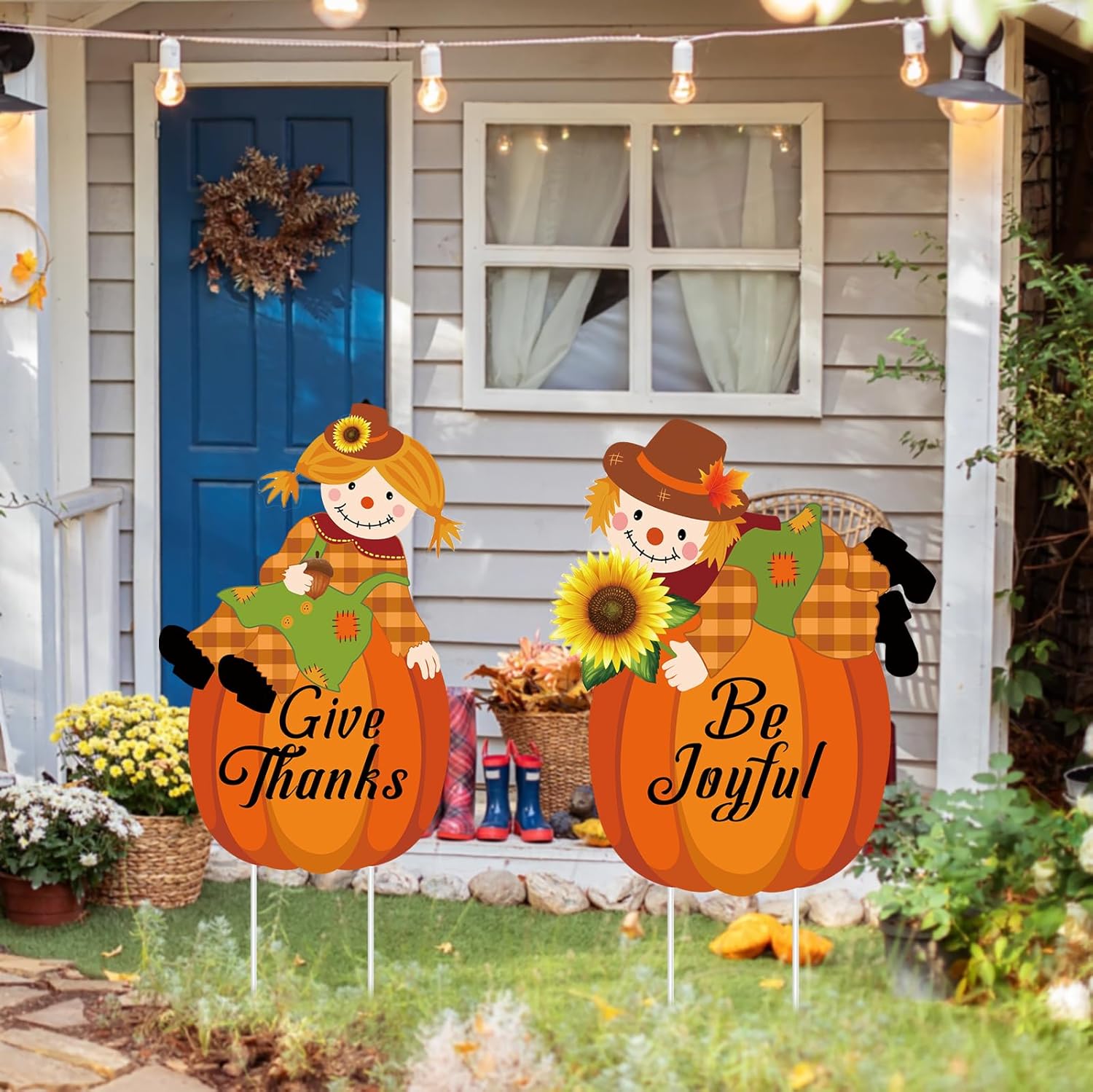 Yard Signs - Fall Scarecrow Yard Stake Pumpkin Porch Sign with Stakes Thanksgiving Pilgrim Yard Decorations Harvest Scarecrow for Autumn Outdoor Lawn Supplies