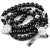 Luomu 12mm Black Wood Beads Rosary with St.Benedict Metal Center Piece Necklace 21inch with Medal Crucifix for Men