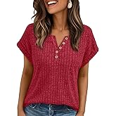 AUTOMET Women Tops Summer Sweaters Short Sleeve V Neck Henley Shirts Spring Dressy Button Blouses