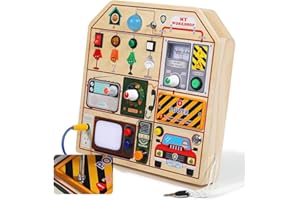 JAUNTY Montessori Wooden Busy Board for Toddlers 3 4 5 Years Old, Wooden Sensory Toddler Toys with LED Light Switches, TV Radio Telegram and Car Driving, Travel Toys Birthday for Boys Girls