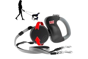 WIGZI - 2025 Enhanced Edition - Dual (2) Dog Retractable Leash, Auto-Untangles, Supports Up to 50lb Dogs, 10ft Distance Each Dog, Color-Coded Control, Reflective Leads, Waterproof (Black)