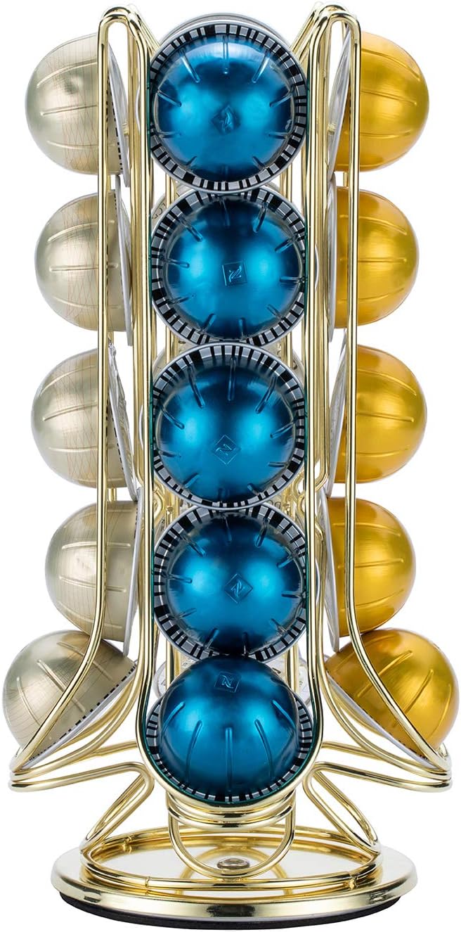 Flagship 20 Capacity Carousel for Nespresso VertuoLine Coffee Pod Holder Rotation Small Vetuo Capsule Storage with Gold Metal Wire Simple Design (20 Pods)