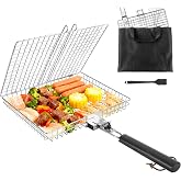 Fish Grill Basket for Outdoor Grill, Grilling Basket With Removable Handle, Portable BBQ Set Barbecue Rack for Shrimp Pork Veggies, Camping Grilling Accessories With Brush, Metal Skewers and Carry Bag