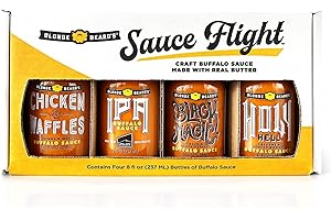 Blonde Beard's Buffalo Sauce Flight - Variety 4 Pack: Wing Sauce Gift Set Includes Chicken & Waffles, IPA Buffalo, Black Magic, & Holy Hell (Mild - Extra Hot) - Great On Chicken Wings (4 x 8 fl oz)