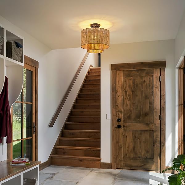 HUOKU 13.8” RATTAN DRUM CHANDELIER, 1-LIGHT BOHO DINING ROOM LIGHT FIXTURES FARMHOUSE PENDANT LIGHT HAND WOVEN LIGHTING FOR KITCHEN ISLAND LIVING ROOM BLACK