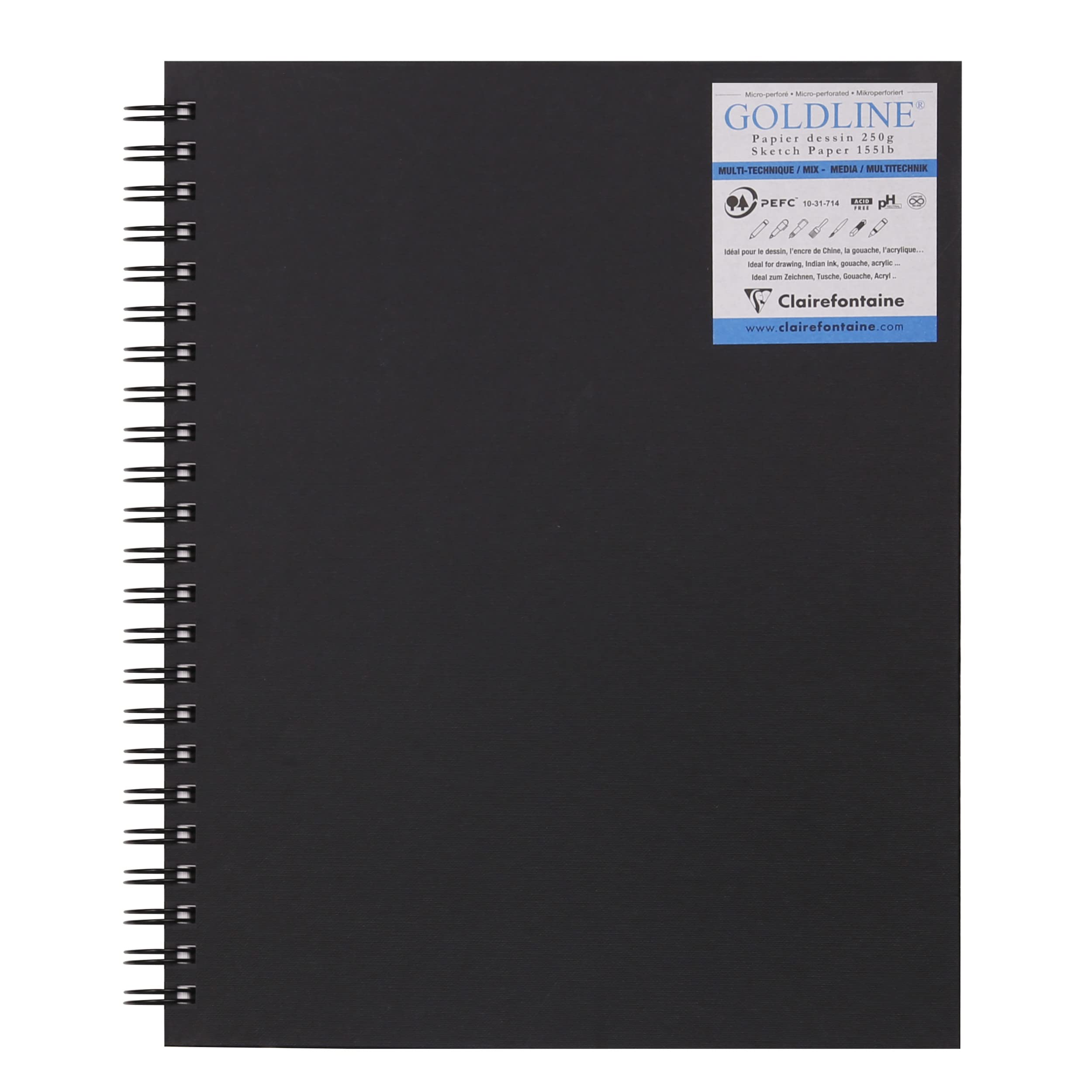 Clairefontaine 960084C Goldline Micro-Perforated Spiral Notebook - 40 Sheets of White Multi-Technique Drawing Paper - 22.9x30.5 cm 250g - Black Hardcover Canvas