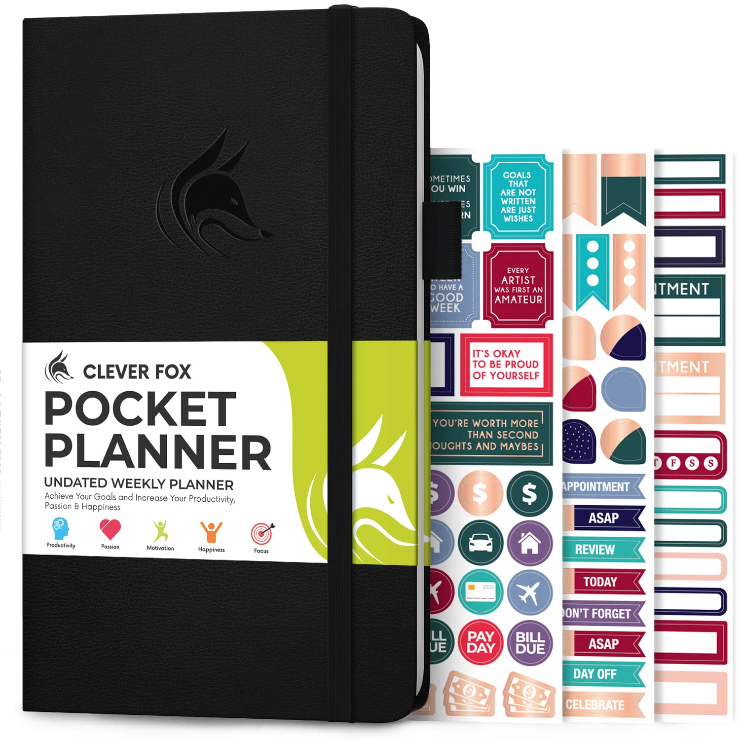 Clever Fox Pocket Weekly – Undated Monthly Goal Planner and Calendar, Mini Planner Perfect for Purse, 10x17.5cm (Black)