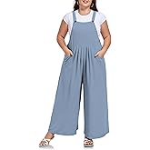 Moon Wood Plus Size Overalls for Women Loose Fit Bib Rompers Adjustable Straps Wide Leg Jumpsuits with Pockets